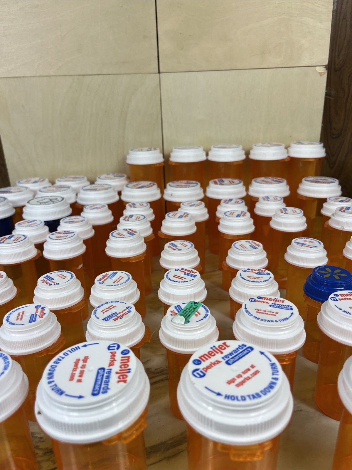 Lot Of 61 Empty medicine Bottles All amber Minus 2 Blue, Various Sizes