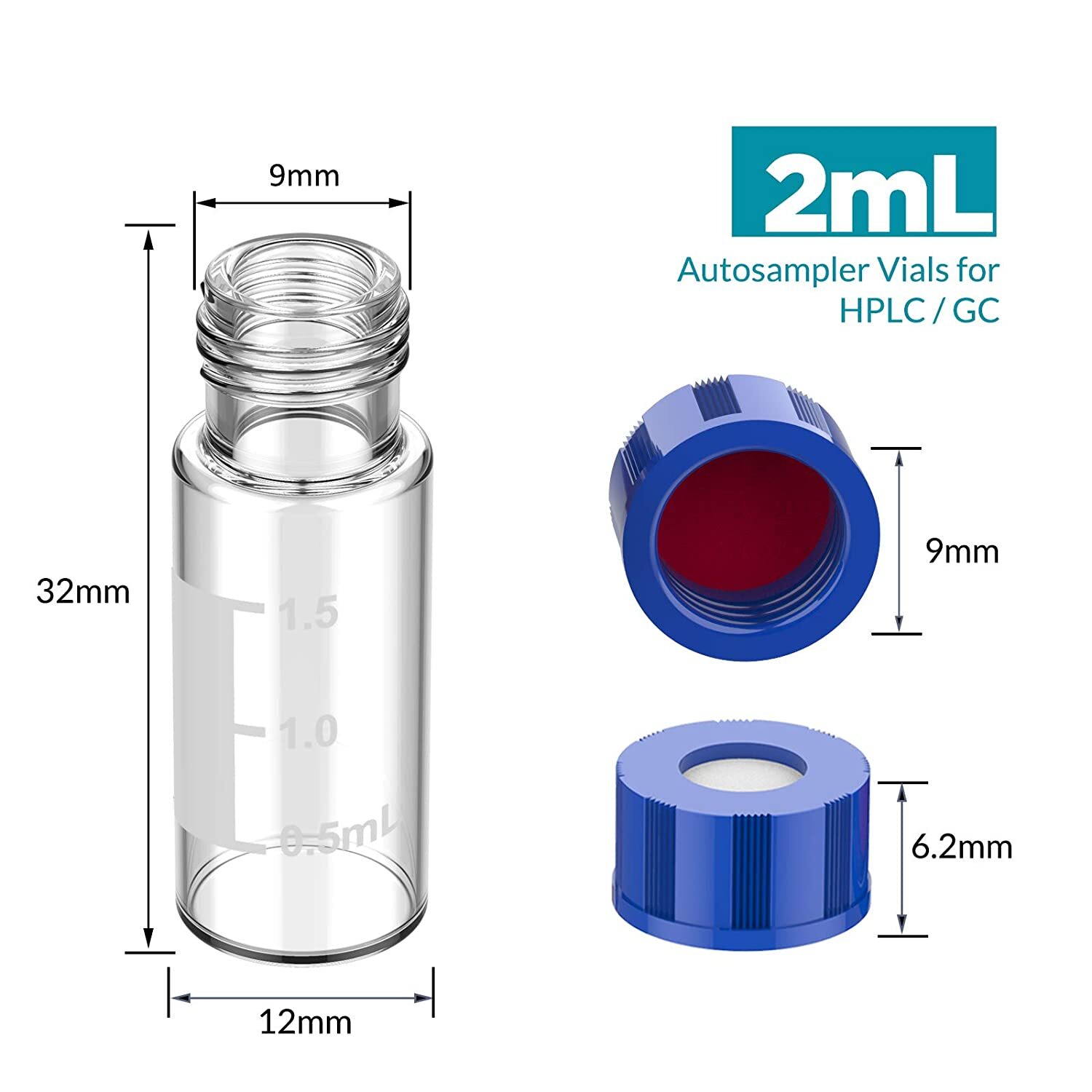 100Pcs 2ml Glass Vials Bottles Clear Containers w/ lids and septa for GC/MS/GPC