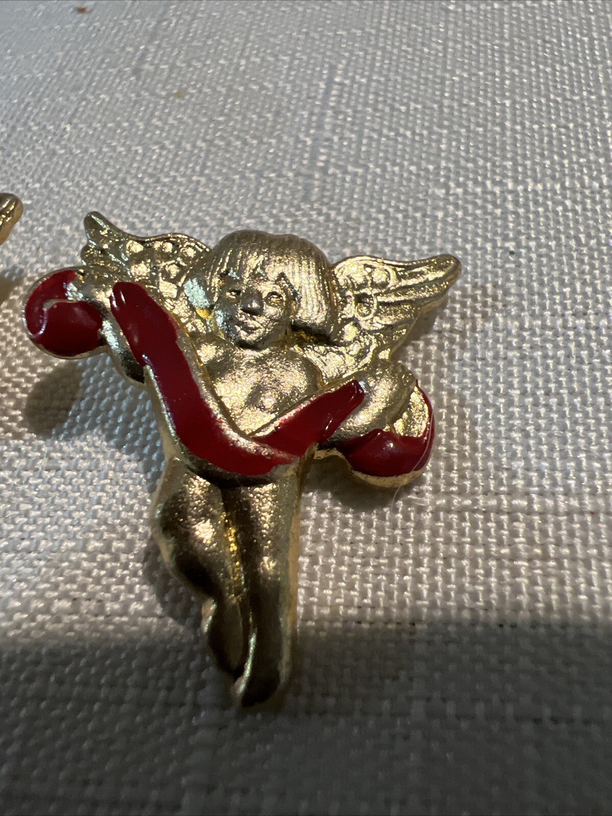 2 JHB Cherub Buttons 26mm Metal Shank Gold Tone Red Ribbon Sewing Craft -D7