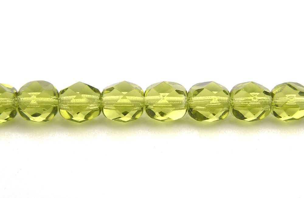 Czech Fire Polished Round Faceted Beads in Light Olivine color 16″ strand