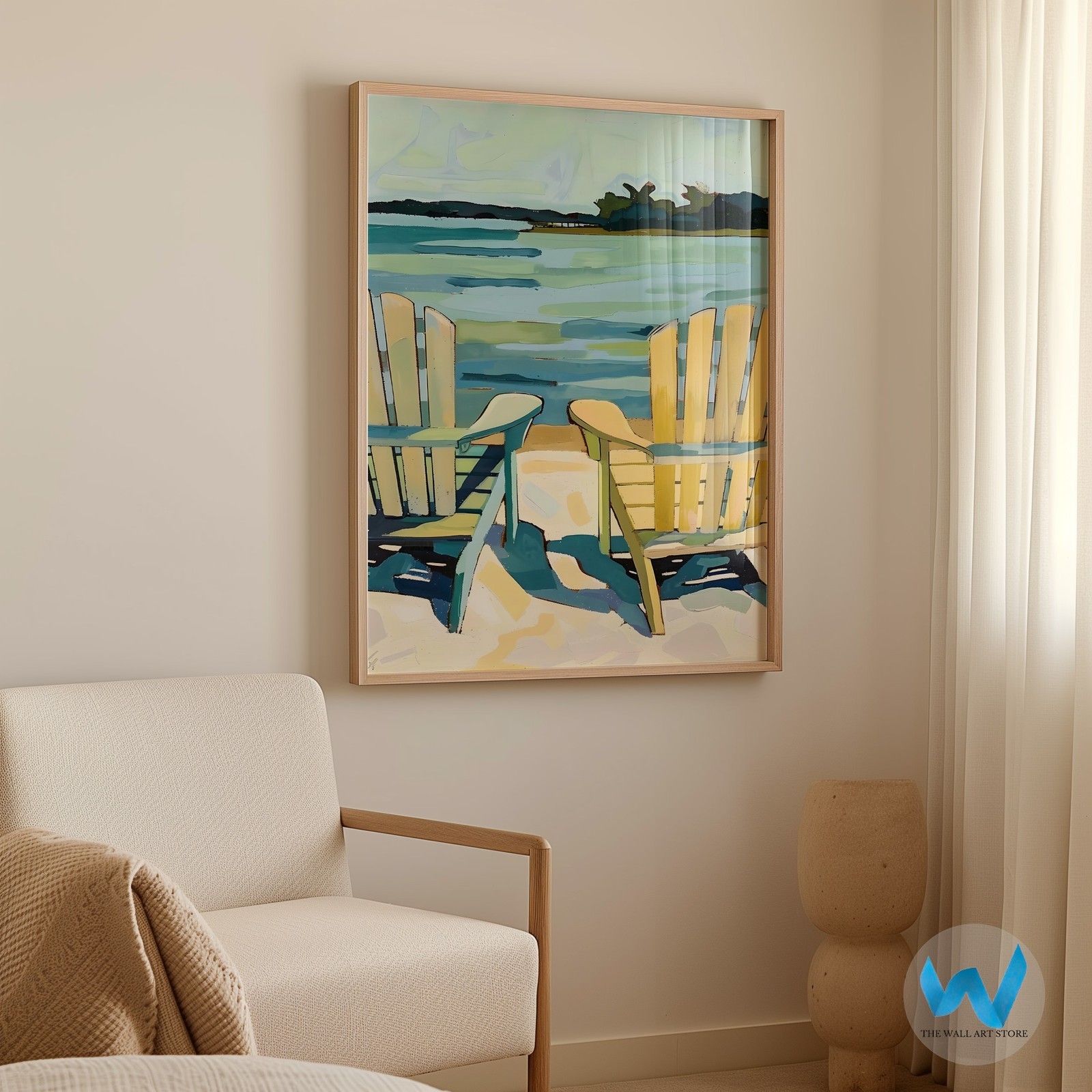 Relaxed beach chairs wall art for tranquil decoration, modern nature
