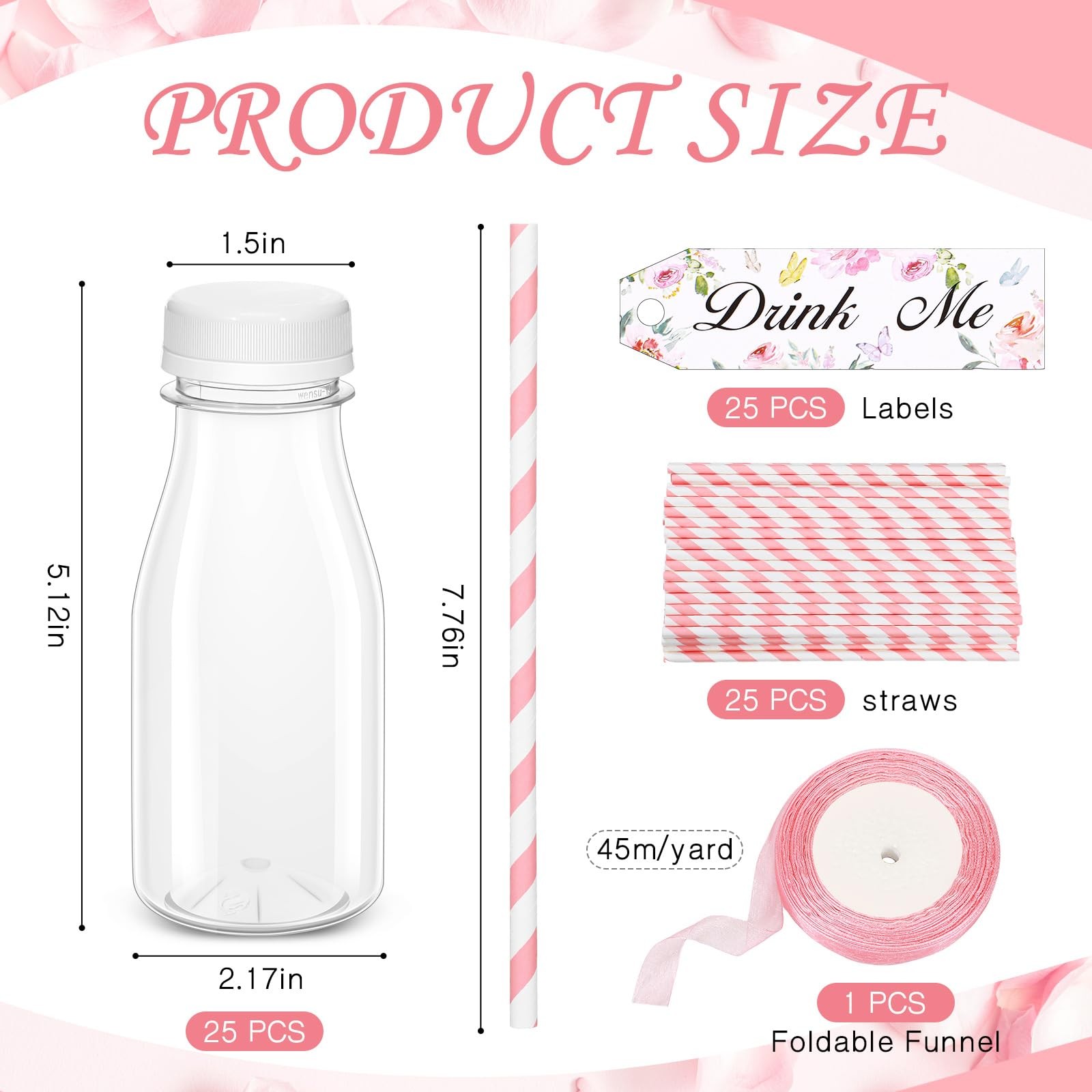 25 Set 8 oz Plastic Milk Bottles with Straws and Lids with Drink Me Tags and …