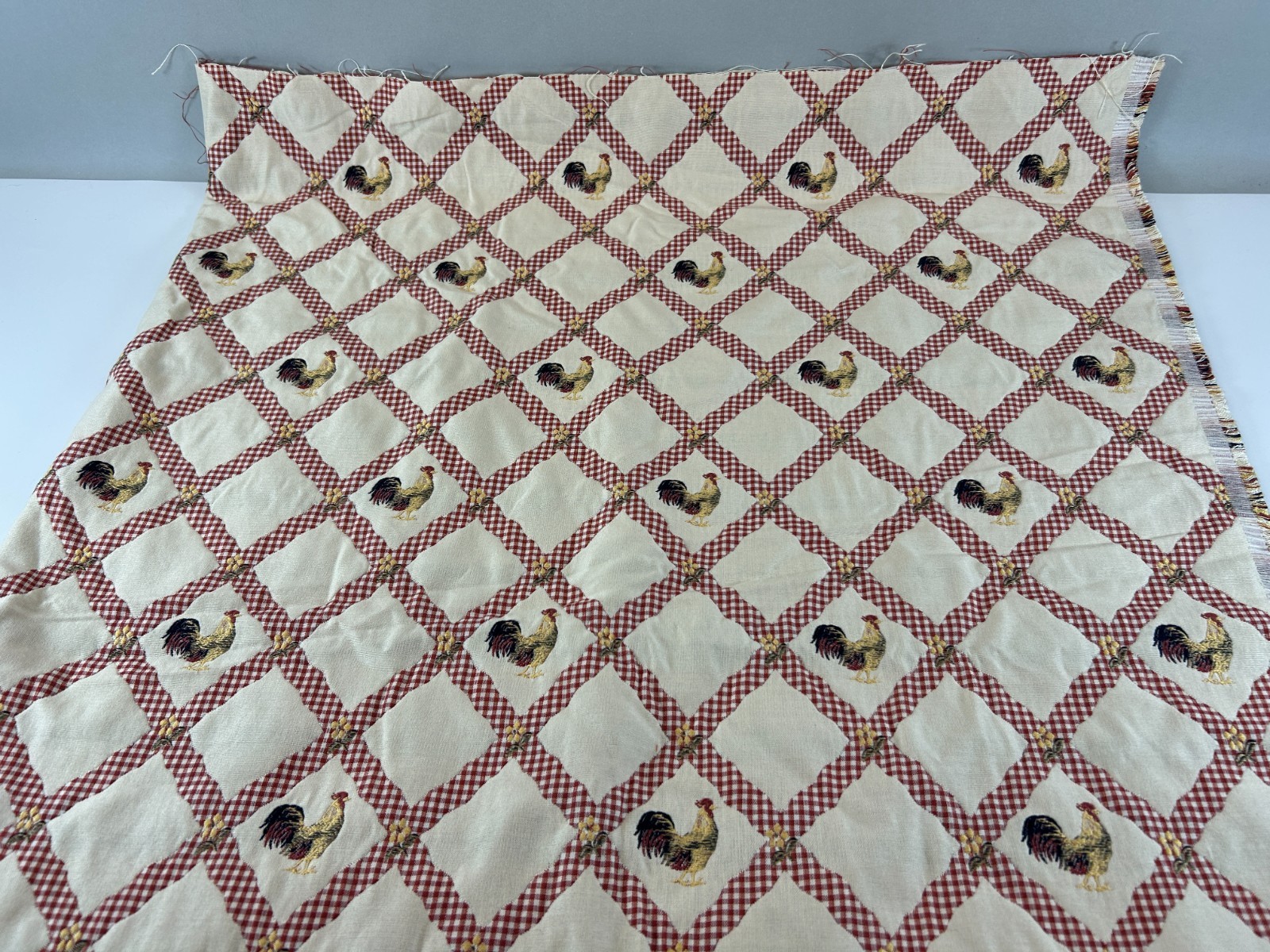 Embroidered Roosters Red & White Gingham Lattice on Ivory Upholstery Fabric 1 yd