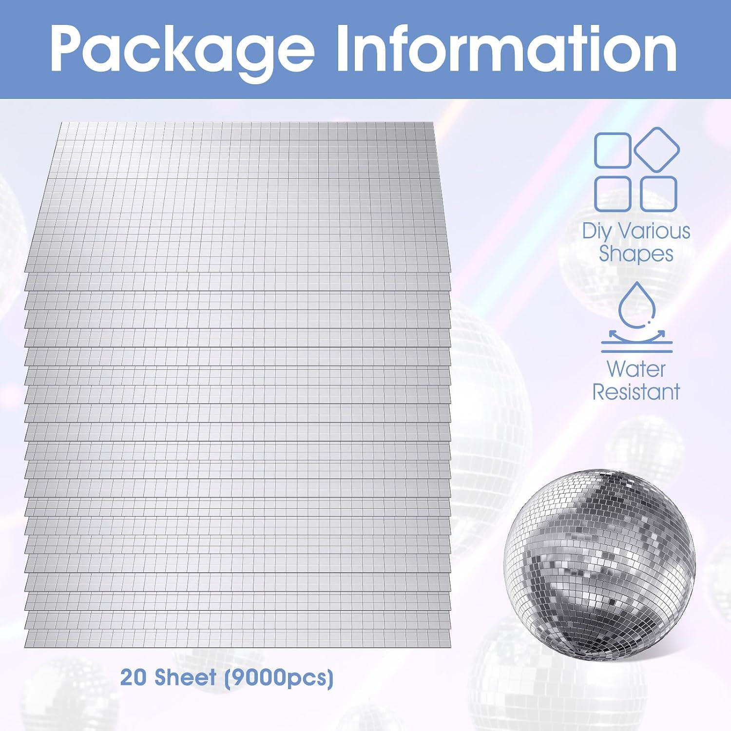 9000 PCS/20 Sheets Mirror Tiles Self Adhesive, 10X10Mm Disco Tiles for DIY Craft