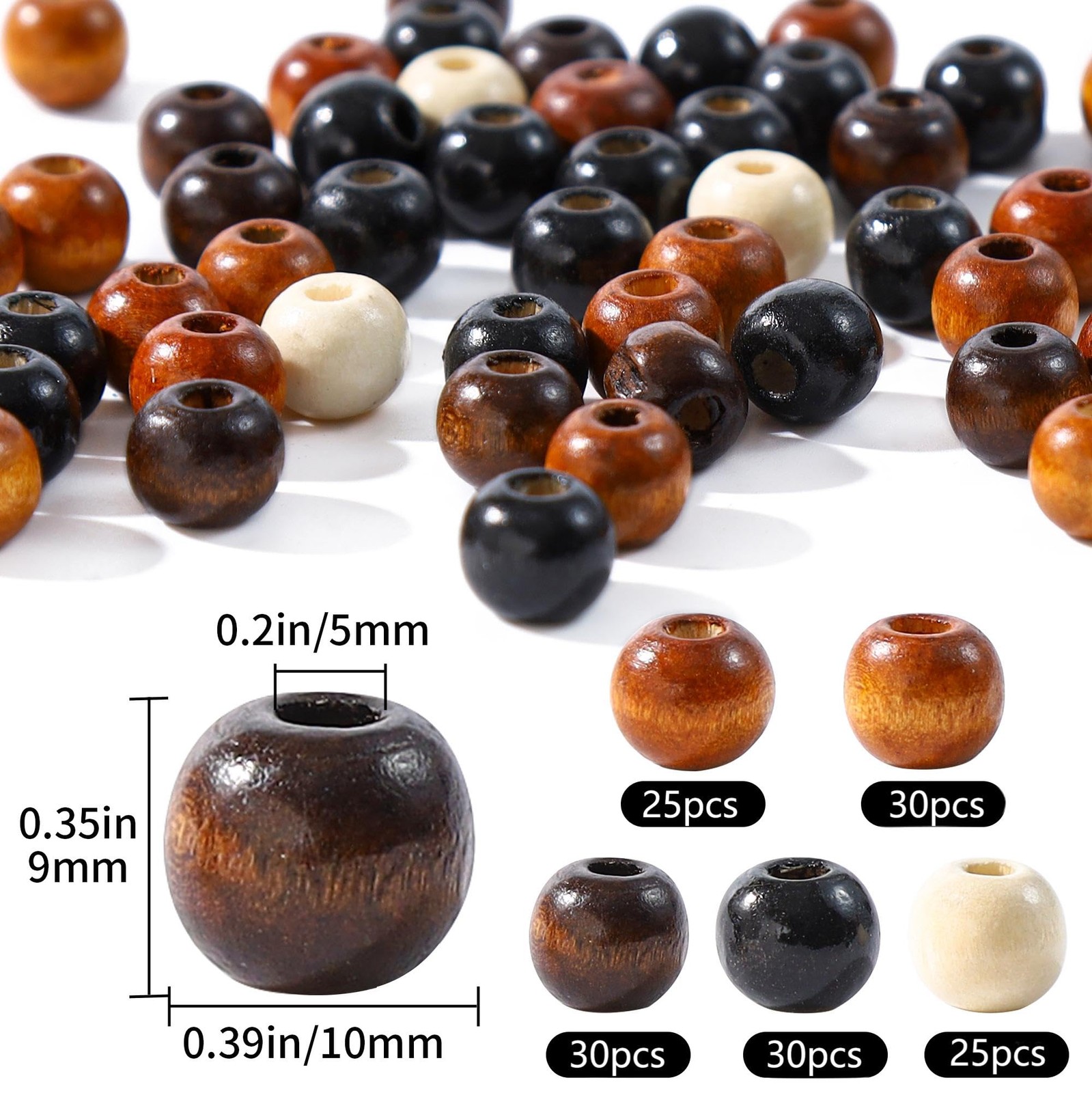 Secmity 140pcs Large Hole Wooden Beads for Crafts, 5 Colors 9X10mm, black