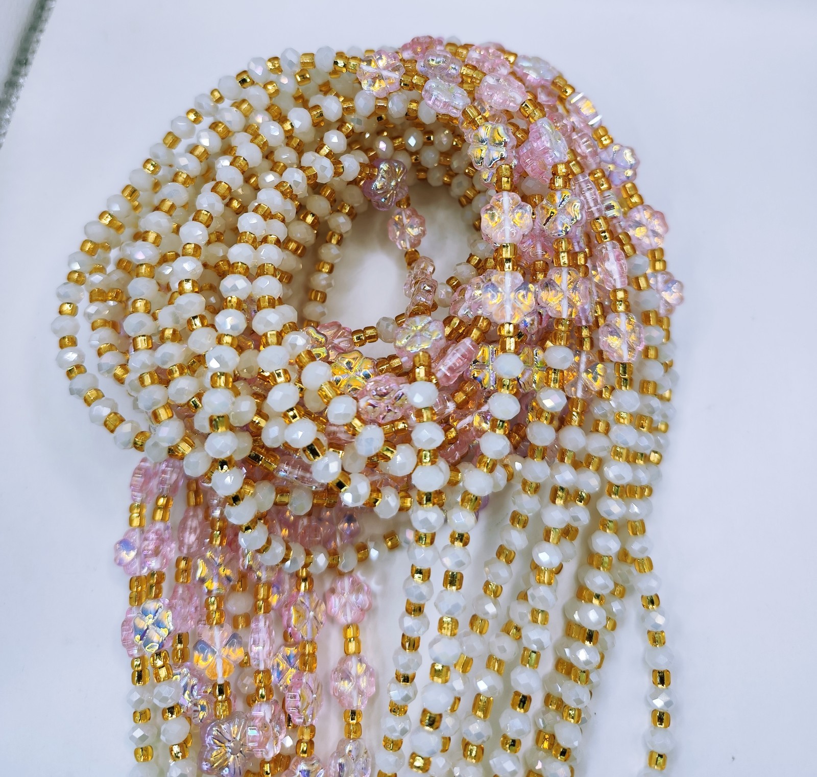 Gold Pink Flower Crystal Waistbeads Tie On 50 Inches Body Jewelry For Daily Use