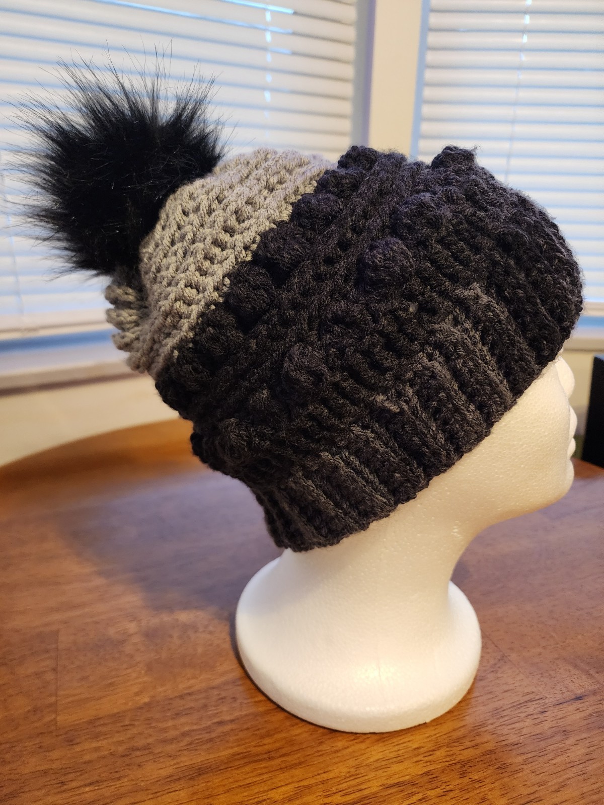 Black And Gray Handmade Crochet Winter Hat Faux Fur Pom Unisex Adult Sz