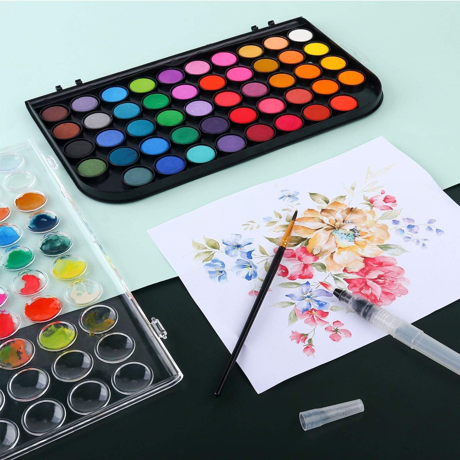 Complete Travel Art Kit: 48 Washable Watercolors & Two Brushes for All Ages