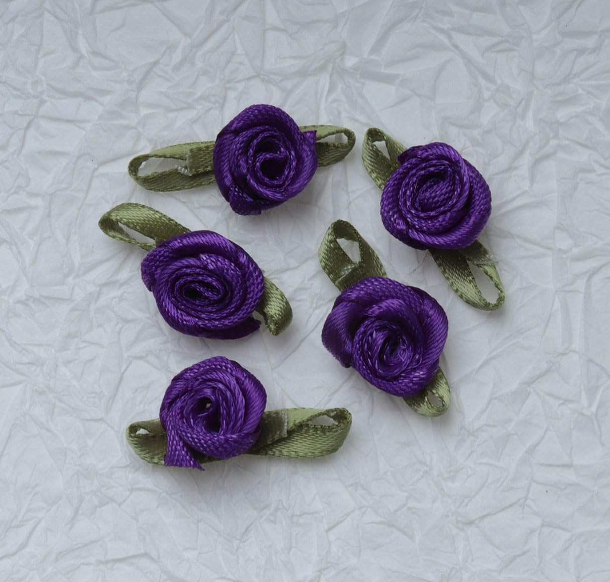 50 Pcs Satin Roses with Green Leaves Mini Cute Ribbon Bows Fabric Artificial Flo