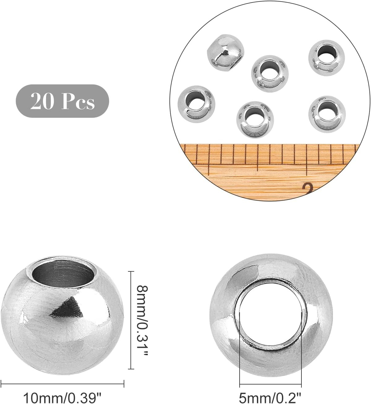 20 Pcs 10×8mm Stainless Steel Rondelle Large Hole Beads, 201 Stainless Steel Eur