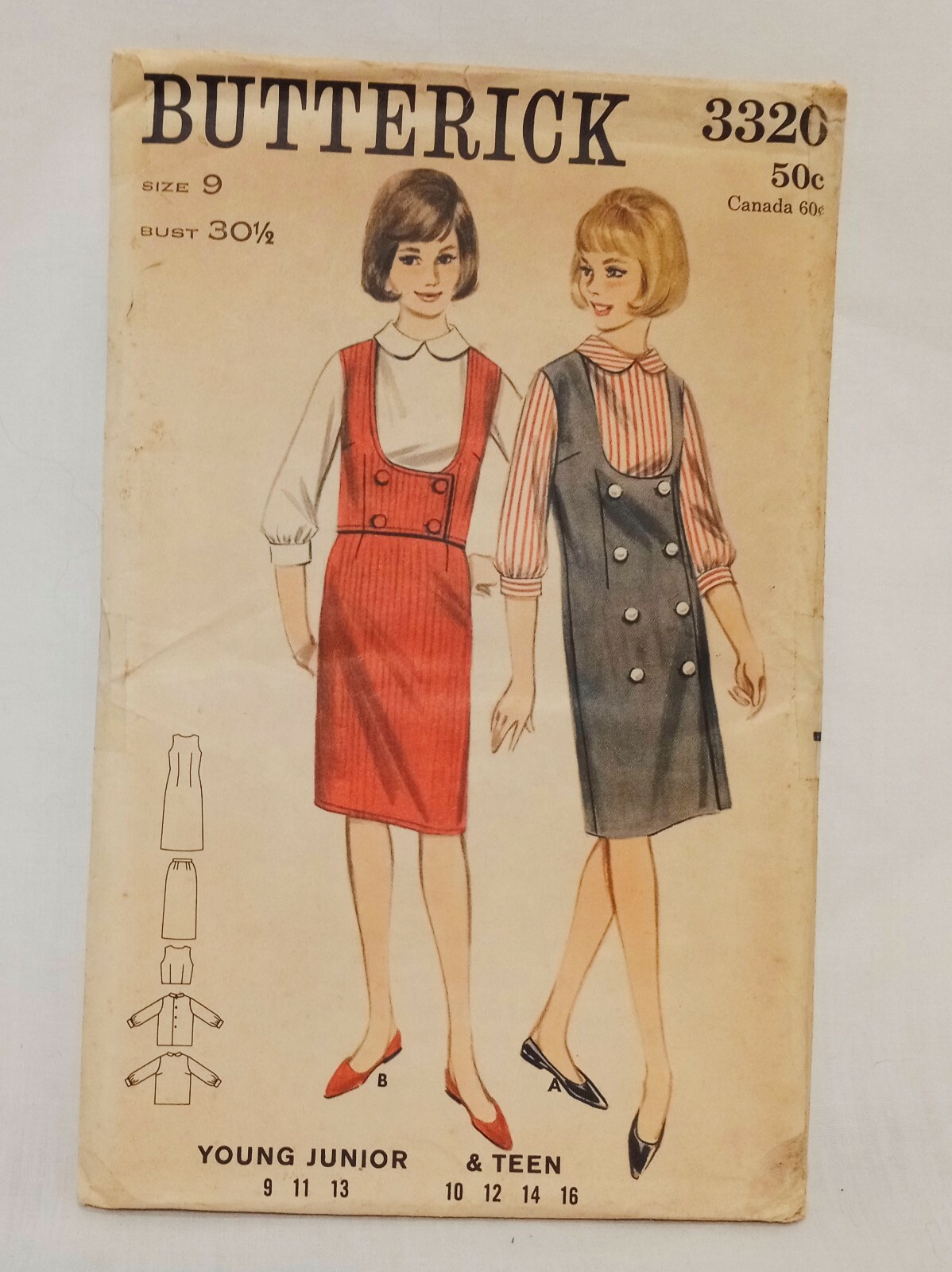 Jumper Weskit Skirt Blouse Junior Size 9 Butterick 3320 Vintage Uncut Pattern