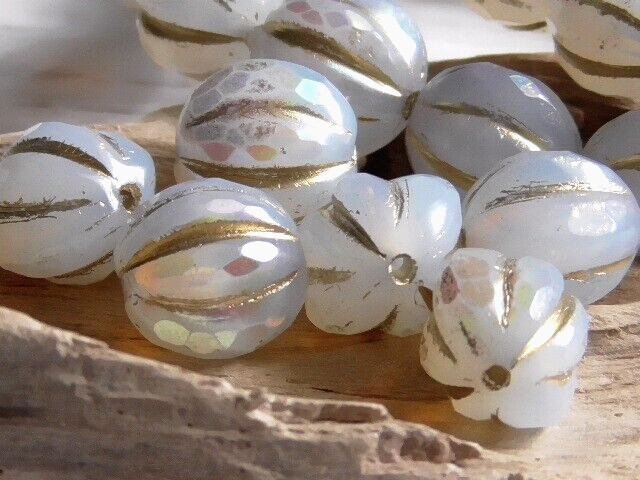6 – 10mm CZECH TRANSLUCENT FACETED WHITE OPALINE AB GOLD WASH MELON GLASS BEADS