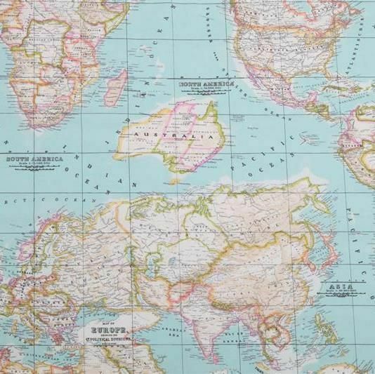 WORLD MAP 2 Globe Atlas Furnishing Fabric Cotton Material 55” wide SKY BLUE