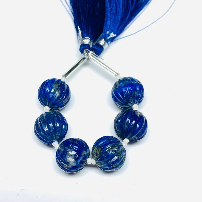 5 Pcs 100% Natural Lapis Lazuli Carved Melon Shape Beads Strand,, 12 mm