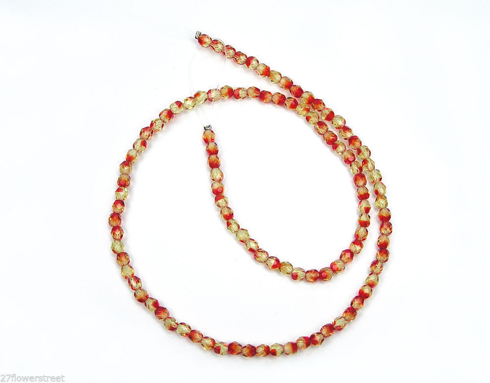 Czech Fire Polished Round Faceted Beads in Fire Opal 2-tone color, 16”, 4-6-8mm