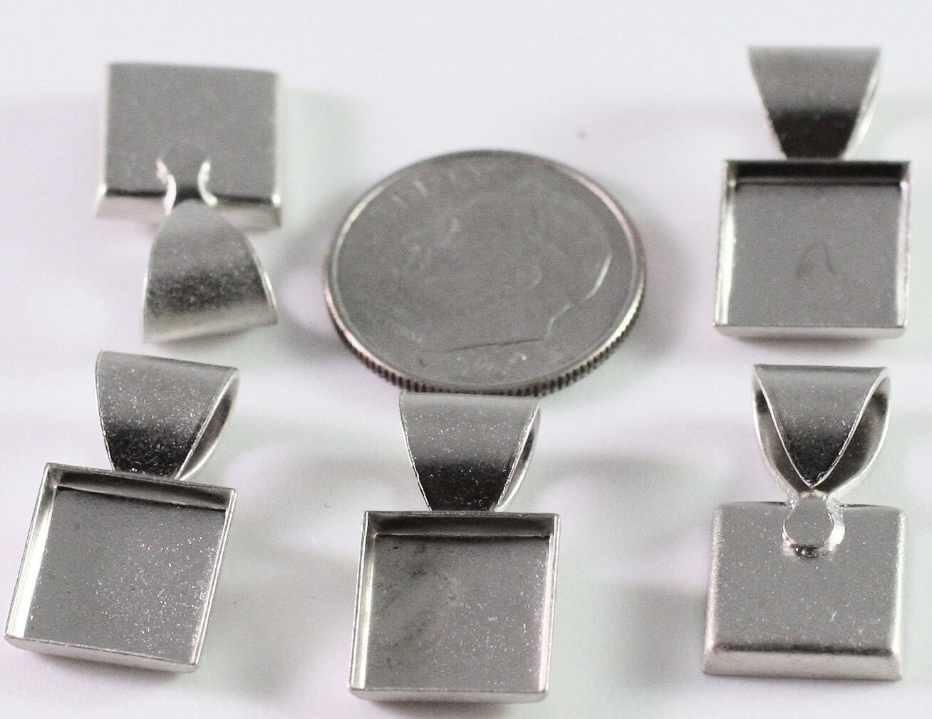 5 Silver Plated Brass 11mm Square Patera Bezel Pendants *