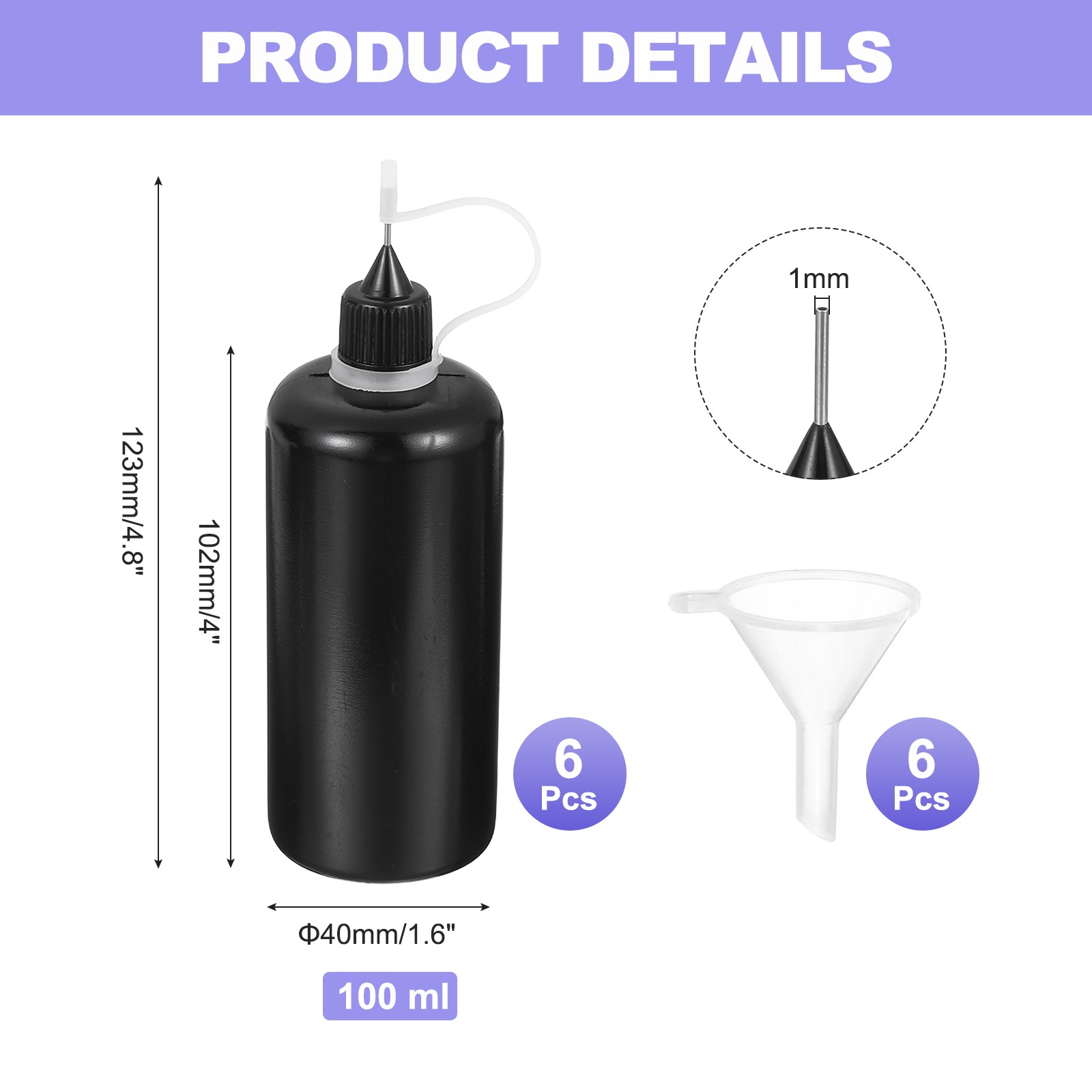 6Pcs Needle Tip Squeeze Bottle, 100ml/3.4oz Glue Tip Applicator Bottles