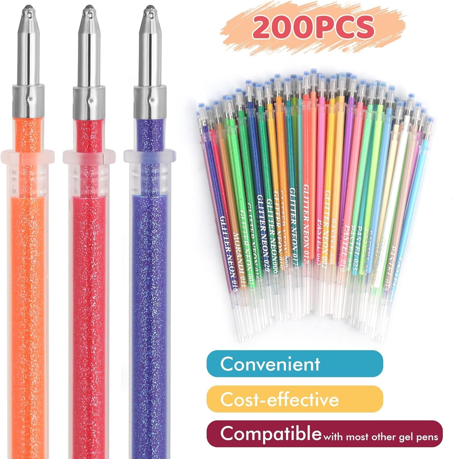 200 Colors Gel Pen Refills, Glitter Neon Gel Pens Refills,Replace Cartridges fo