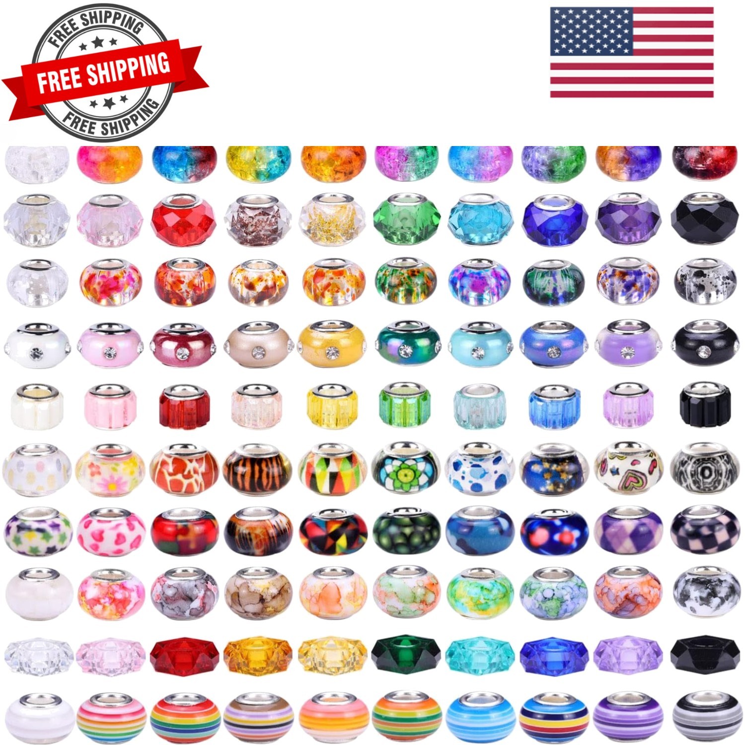 240 Pieces Assorted European Craft Beads Large Hole Lampwork Spacer Beads Col…