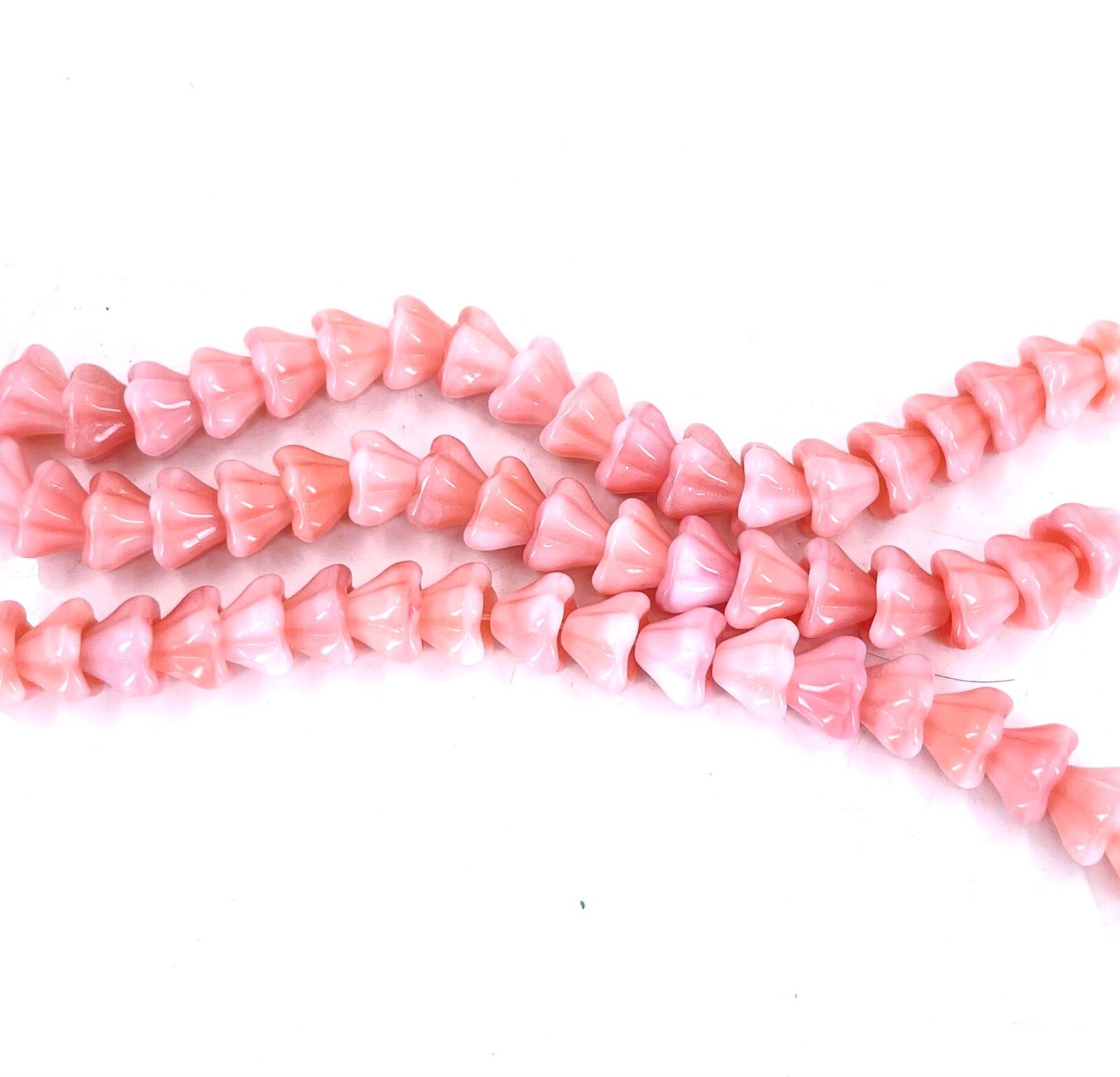 20 Czech Glass Baby Bell Flower Beads – Pink and Cream 8x6mm