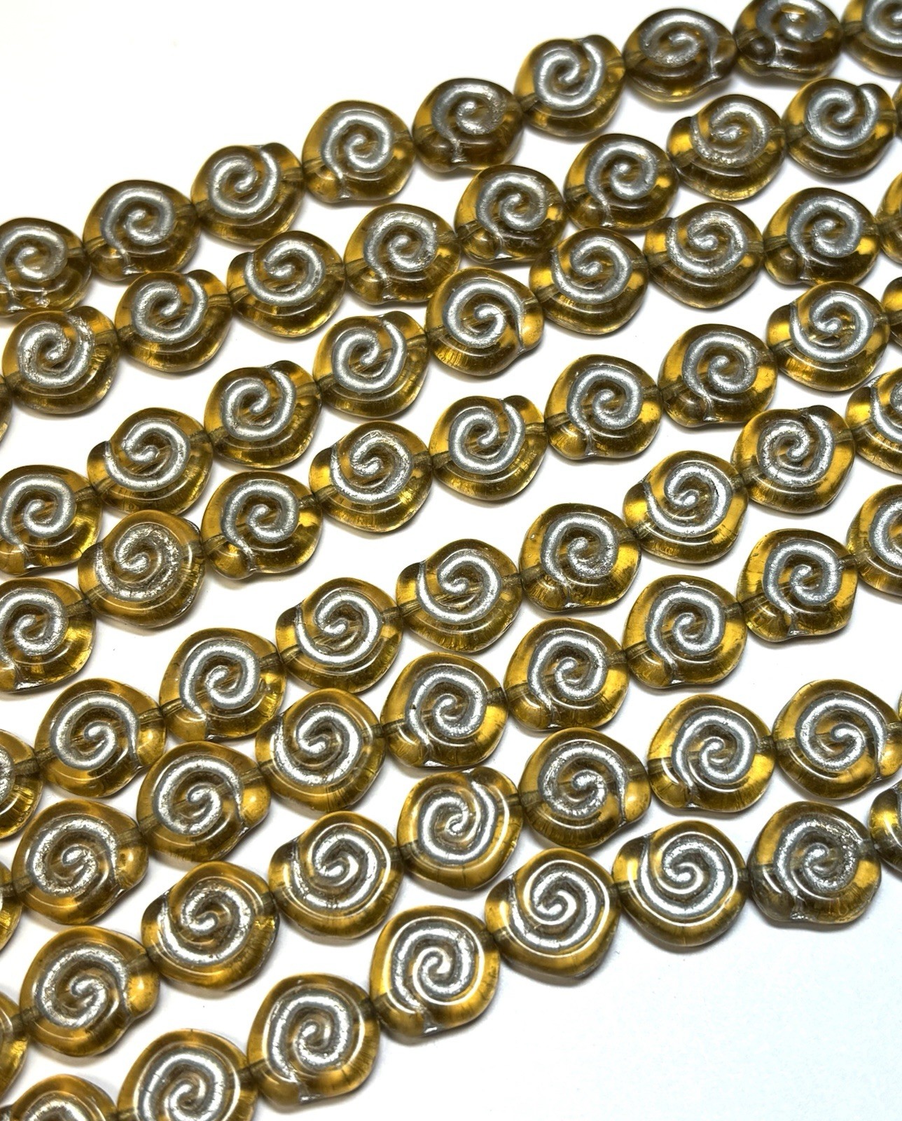 16 – 12mm Gold with Silver Snail Shell Swirl Spiral Coin Czech Glass Beads