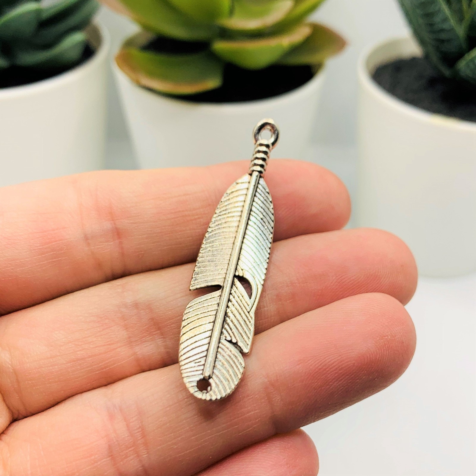 Silver Feather Connector Charms, 45x11mm – US Seller