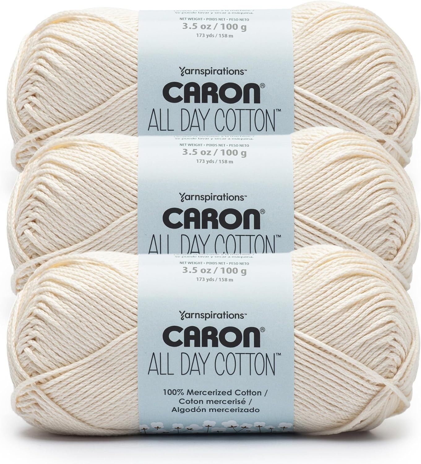 All Day Cotton – 3 Pack of 173 Yards/3.52 oz Cream 100% Mercerized Cotton Yarn