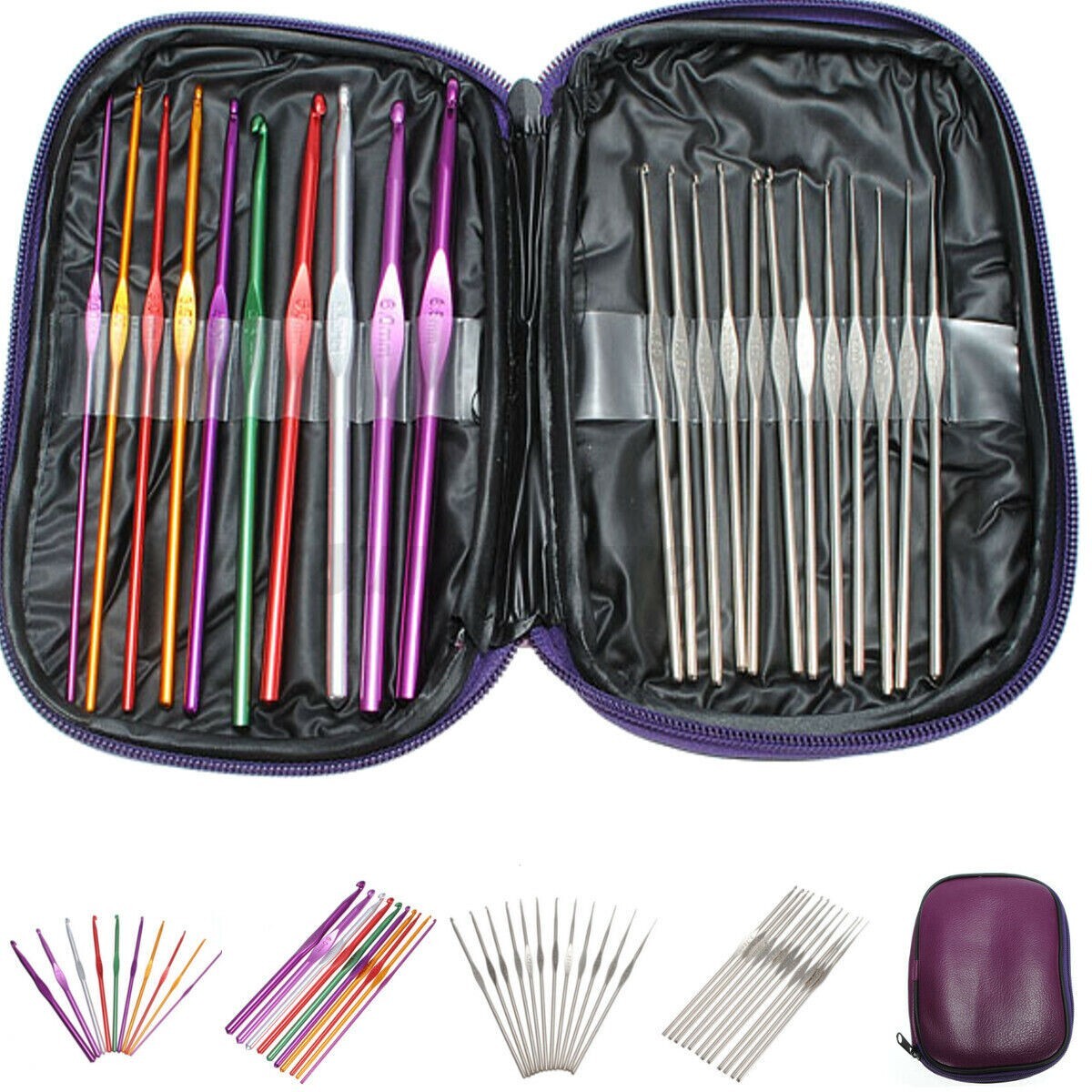 Aluminum Crochet Hooks Needles Knit 22pcs Set Weave Craft Yarn Multi Color