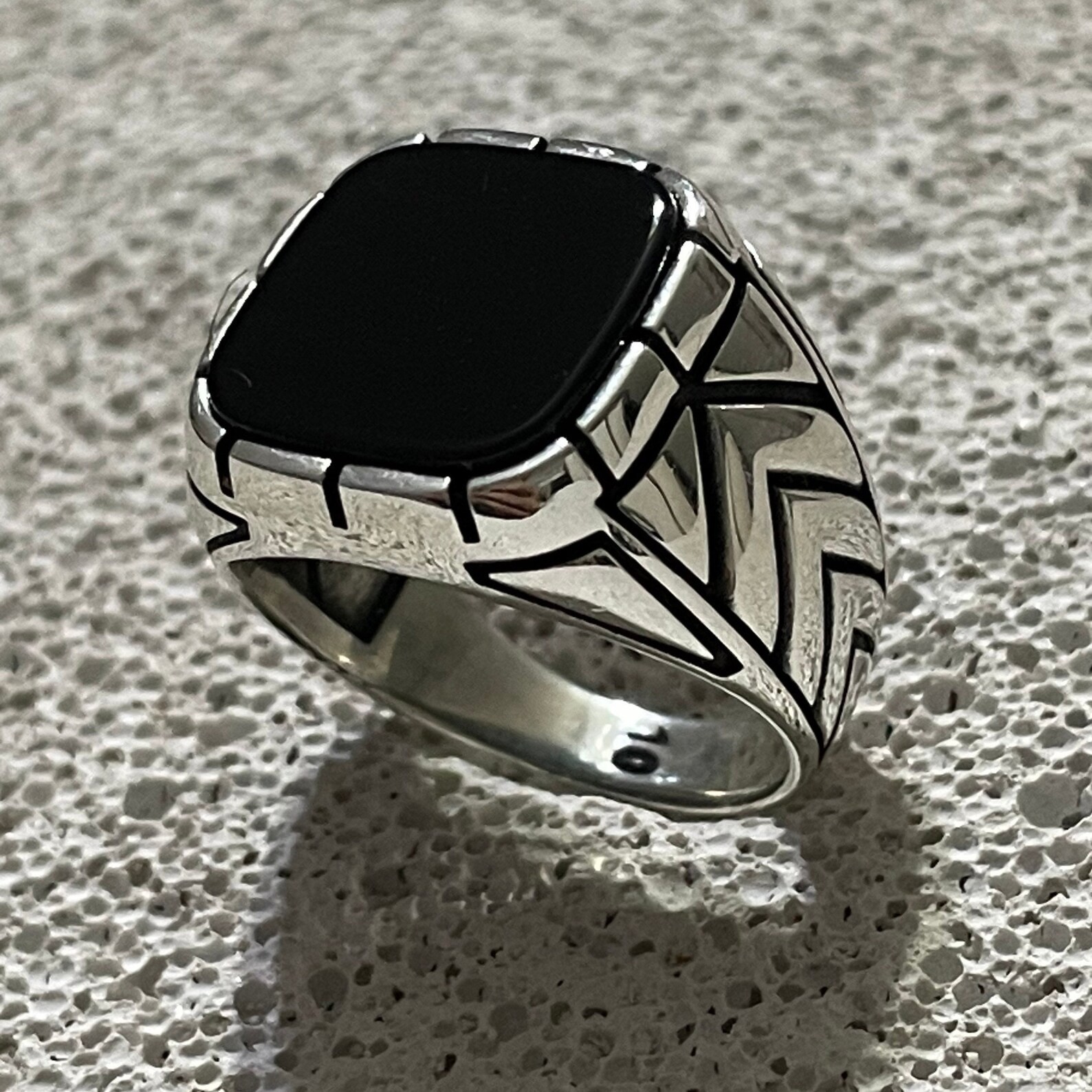 Cushion Black Onyx Men’s Ring, Chevron Arrow Design, Vintage Punk Gothic Stateme