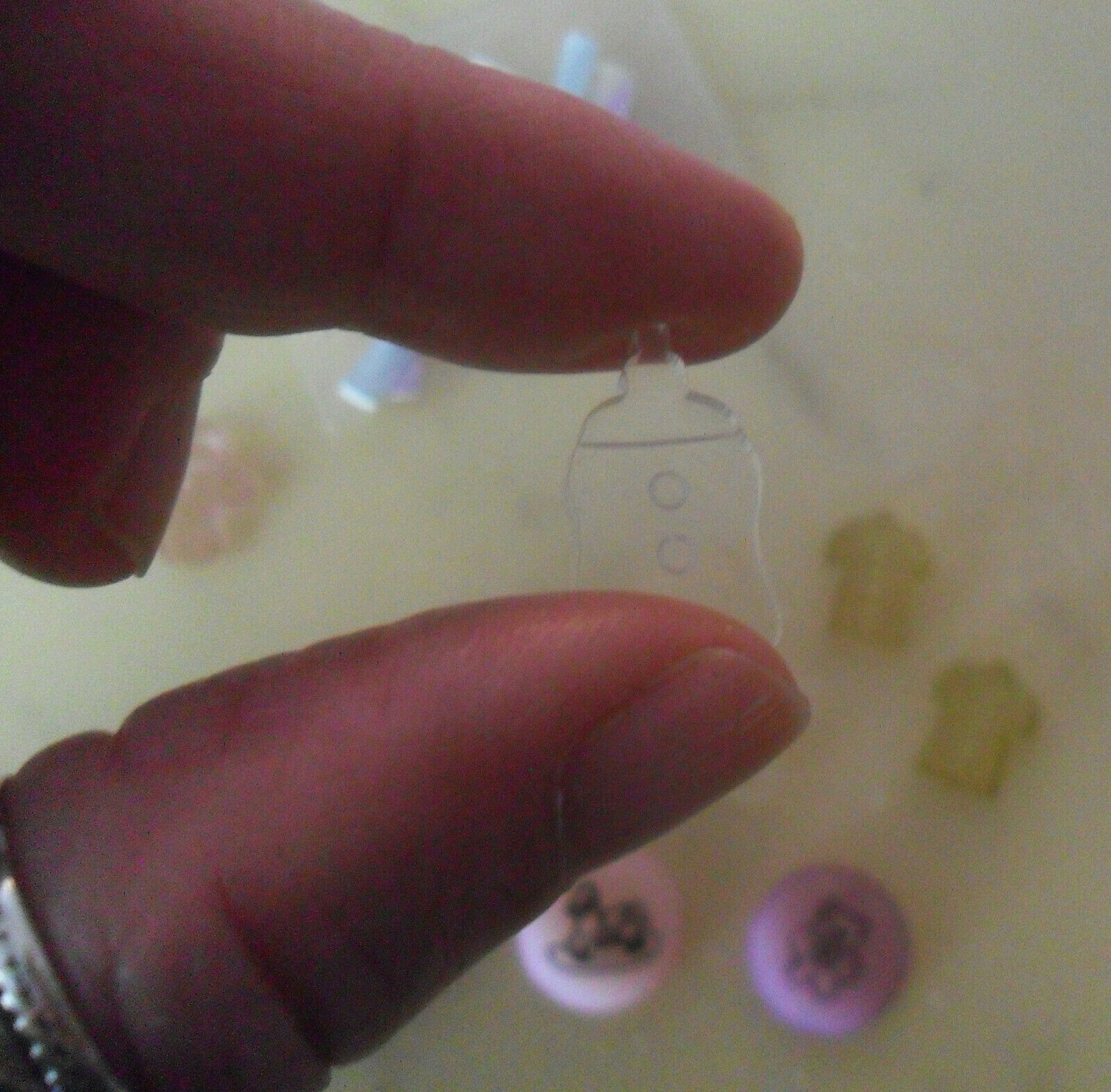 Lot of 9 Clear Plastic CHARMS to sew or Glue + 9 Tiny Ribbon BOWS, Baby Theme