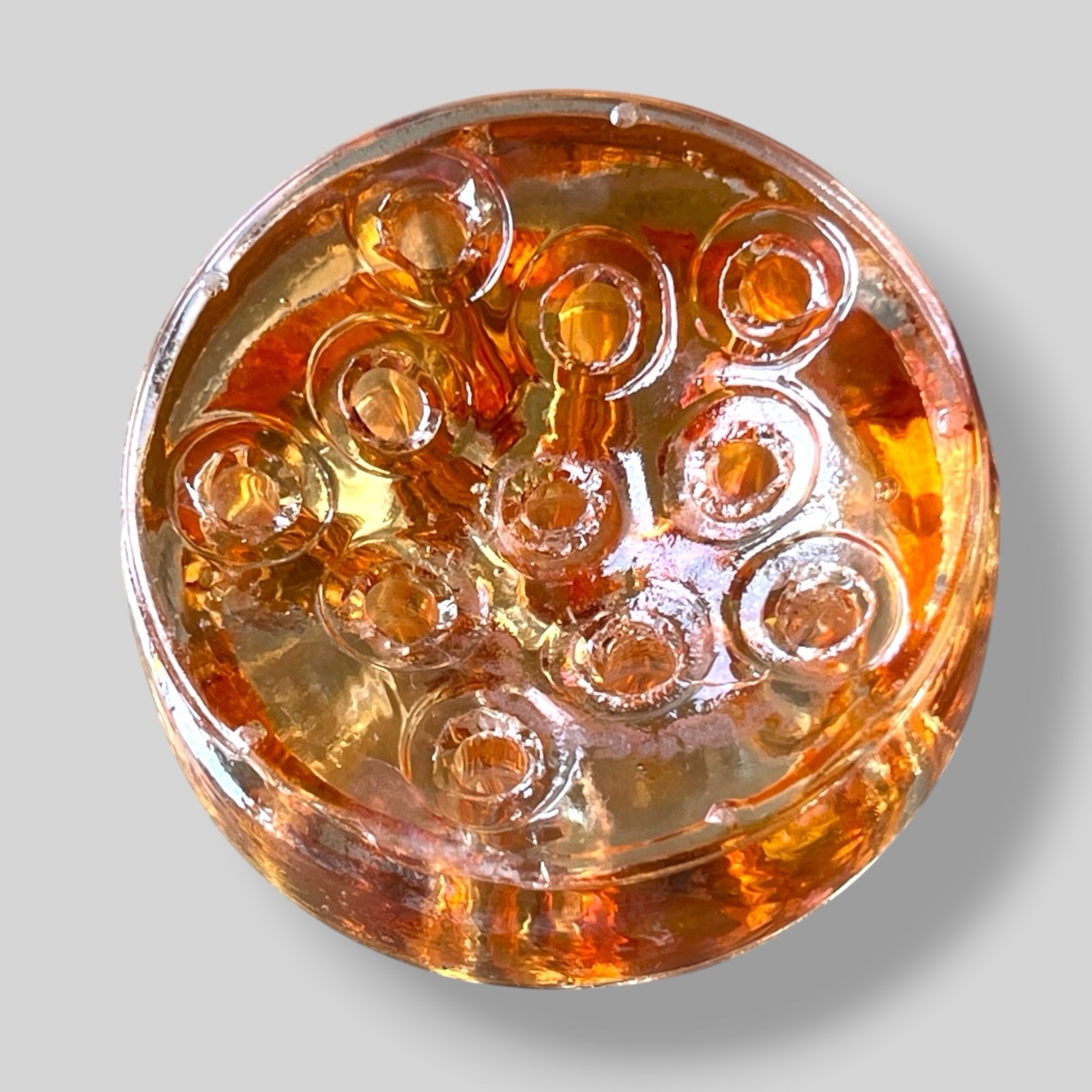 Vintage Amber Glass Flower Frog 11 Hole Floral Arranger Round Vase Insert