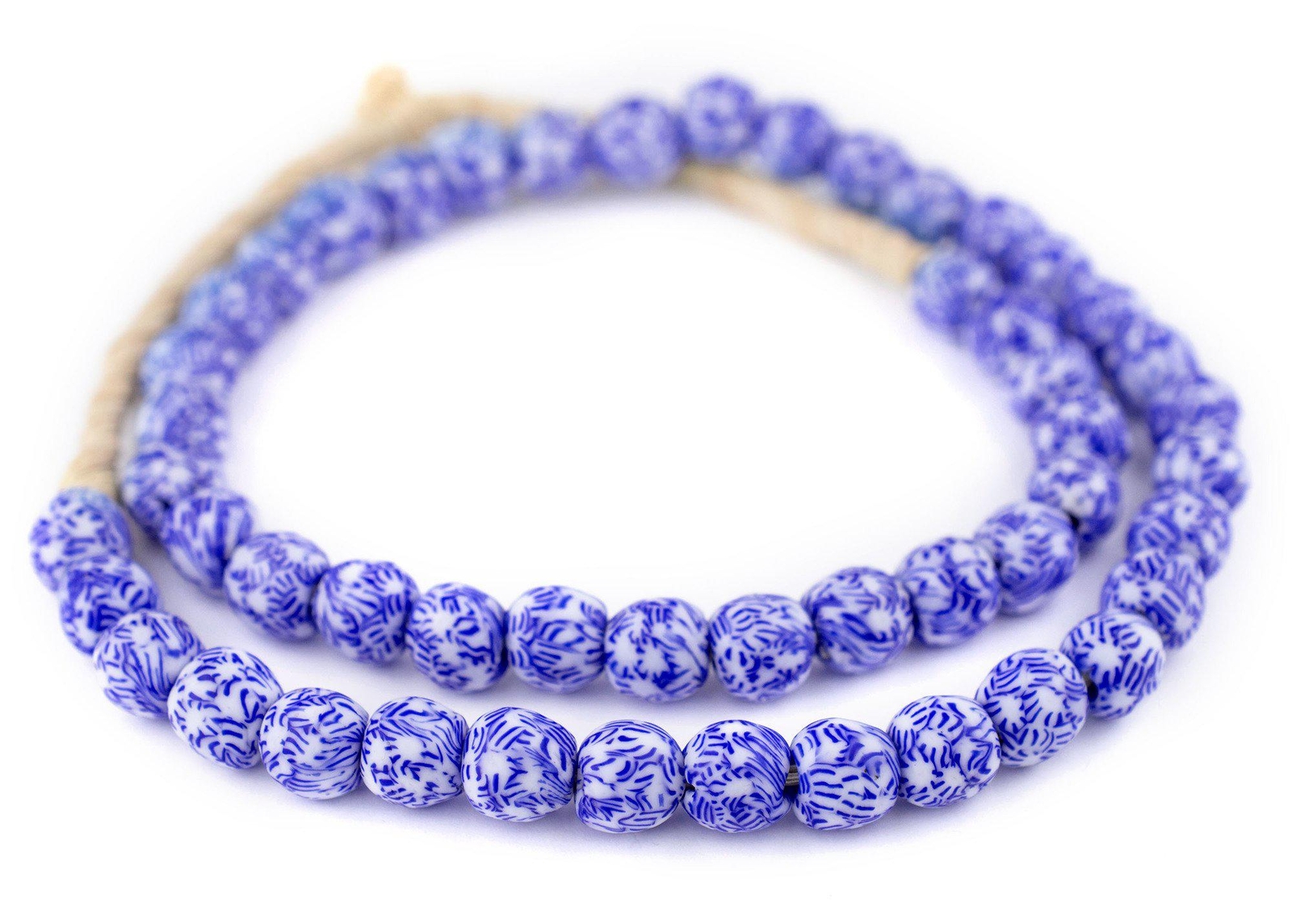 Blue & White Fused Recycled Glass Beads 11mm Ghana African Round Large Hole
