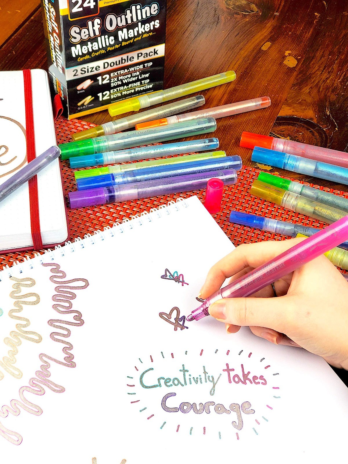24 Metallic Self-Outline Markers – Extra Fine & Medium Tip Paint Pens for DIY Cr