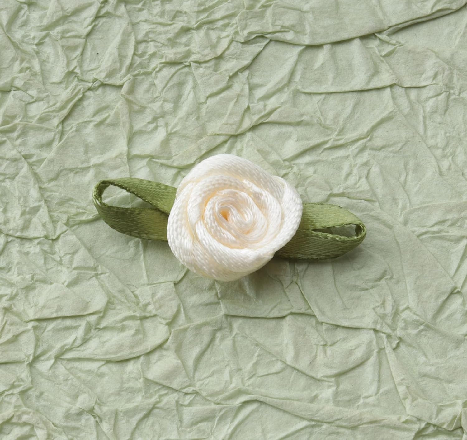 50 Pcs Satin Roses with Green Leaves Mini Cute Ribbon Bows Fabric Artificial Flo
