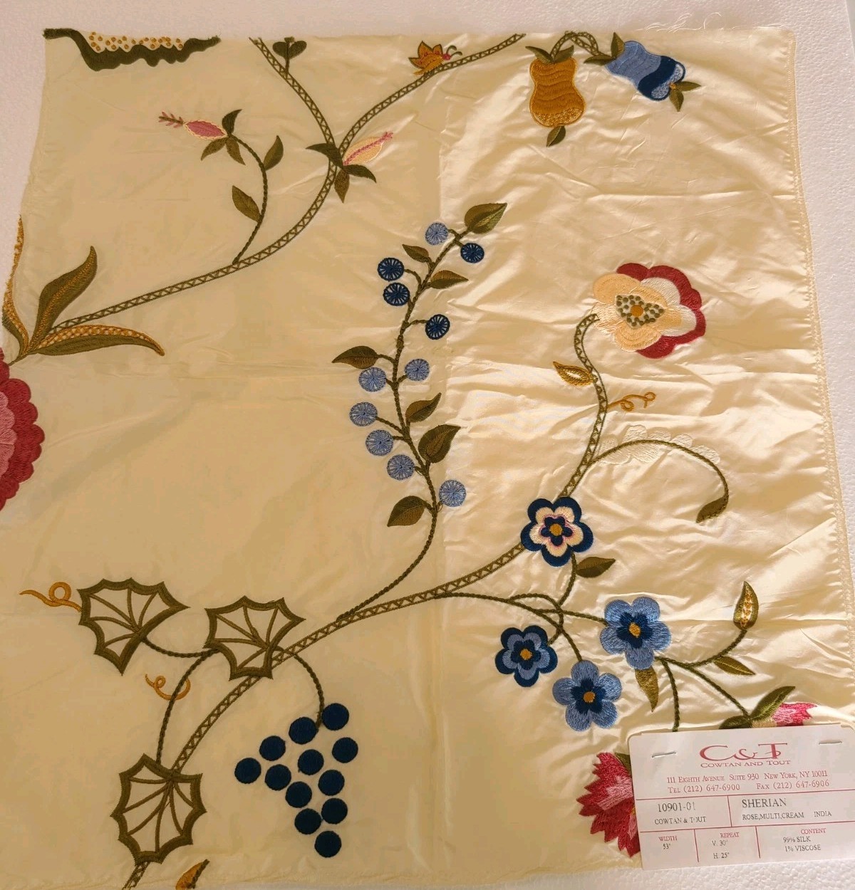 Designer Fabric Silk Samples Floral Butterfly Embroidered Cream Green Rose India