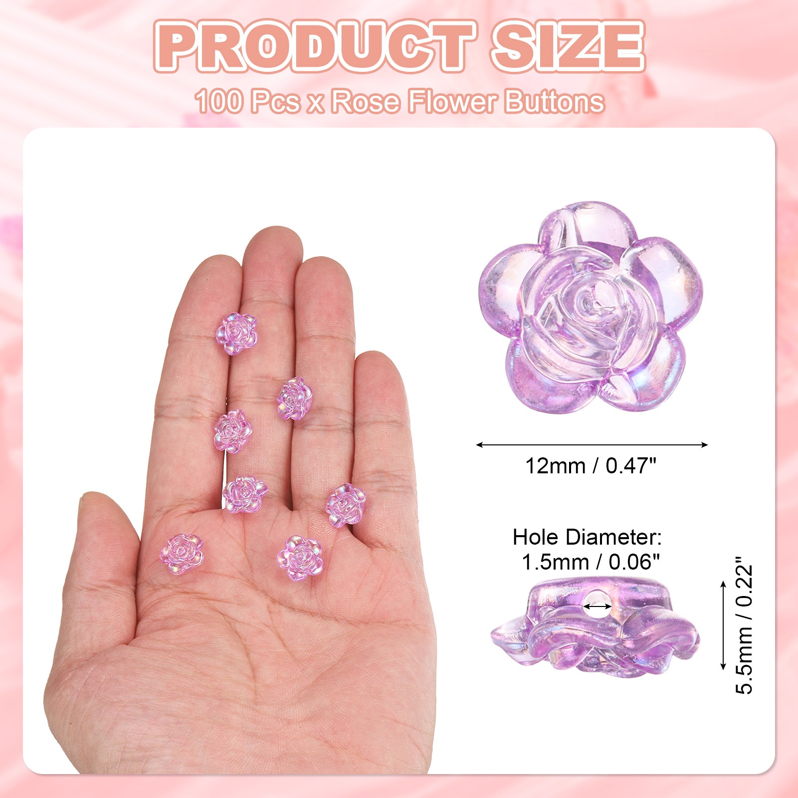100Pcs Rose Pearl Flower Buttons Flower Sewing Buttons(12mm Light Purple AB))