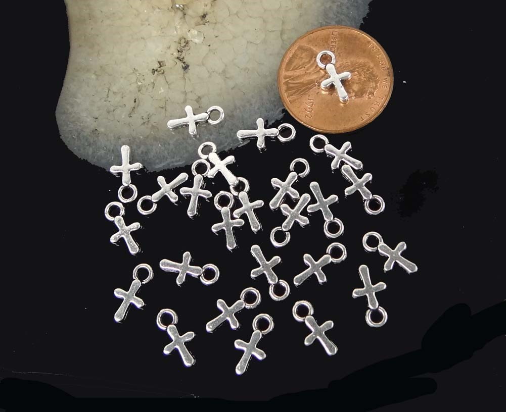 25 Tiny Cross Charms Pendant Antique Silver Pewter 9x5mm