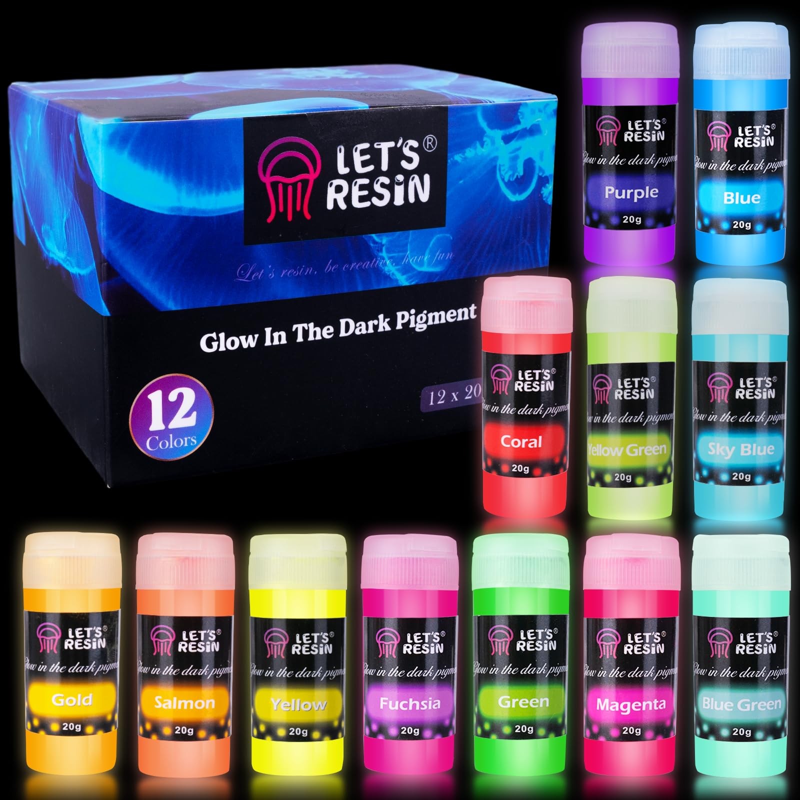 12 Colors Glow in The Dark Pigment Powder – 20g/0.7oz Each Bottle Epoxy Resin…