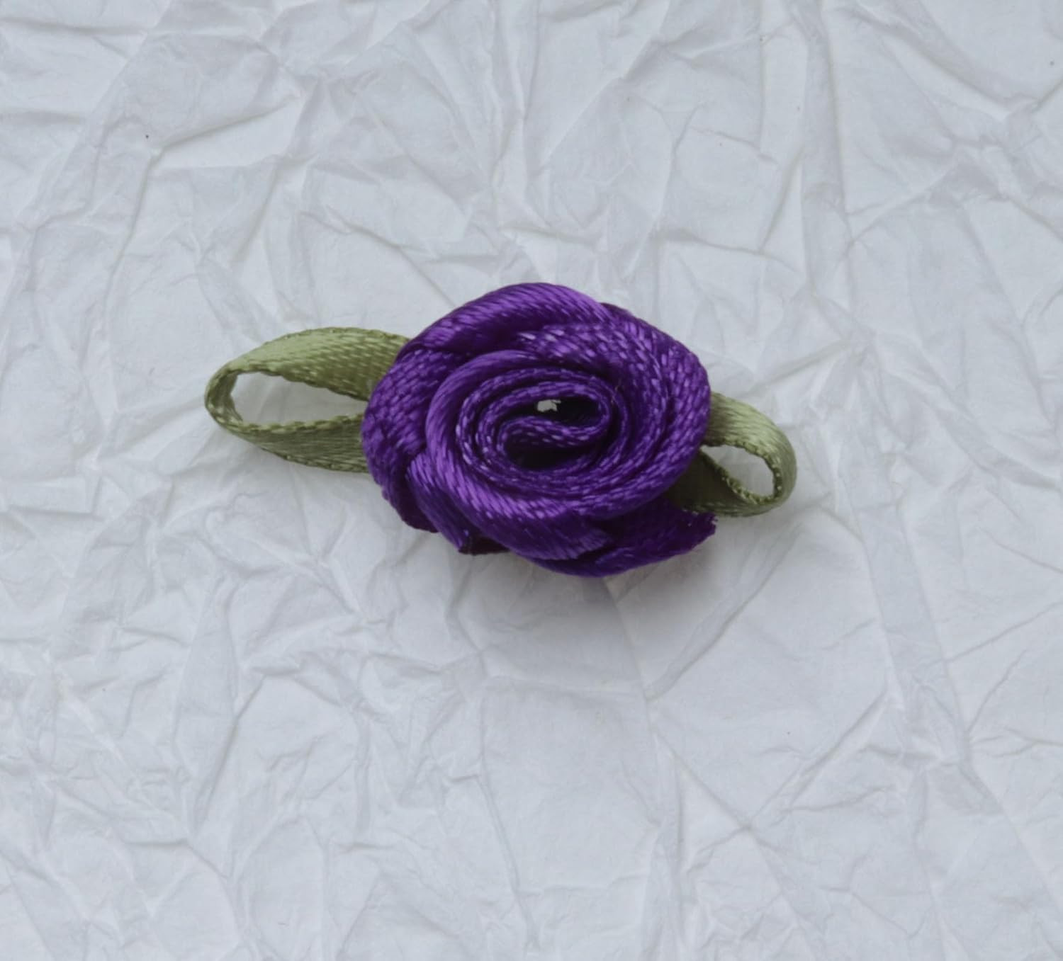 50 Pcs Satin Roses with Green Leaves Mini Cute Ribbon Bows Fabric Artificial Flo