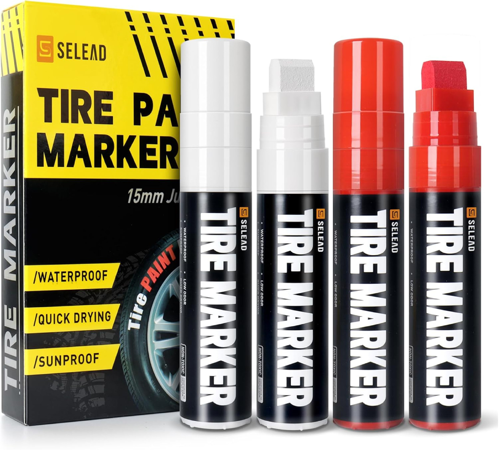 SELEAD Jumbo Tire Marker White Red – 4 Pack 15mm Wide Tip Paint Pens for Car Tir