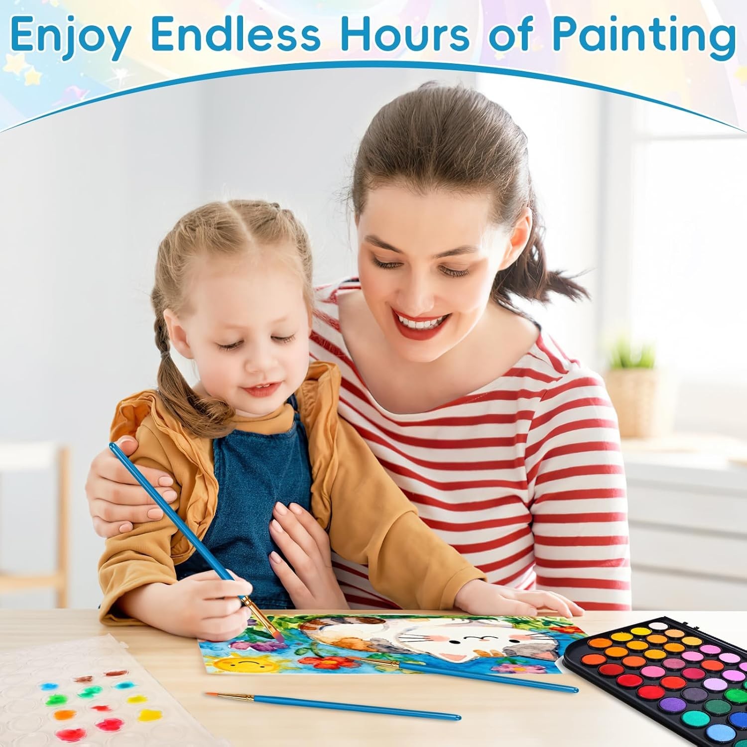 48 Color Solid Watercolor Paint Set with 3 Wooden Brushes Non Toxic Vibrant
