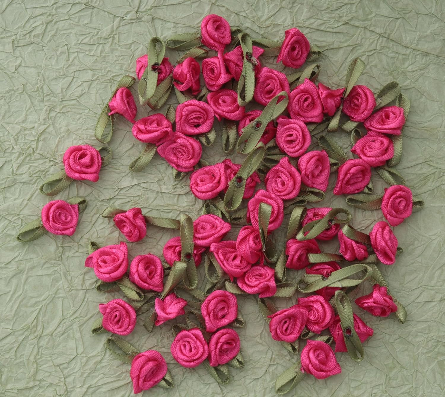 50 Pcs Satin Roses with Green Leaves Mini Cute Ribbon Bows Fabric Artificial Flo