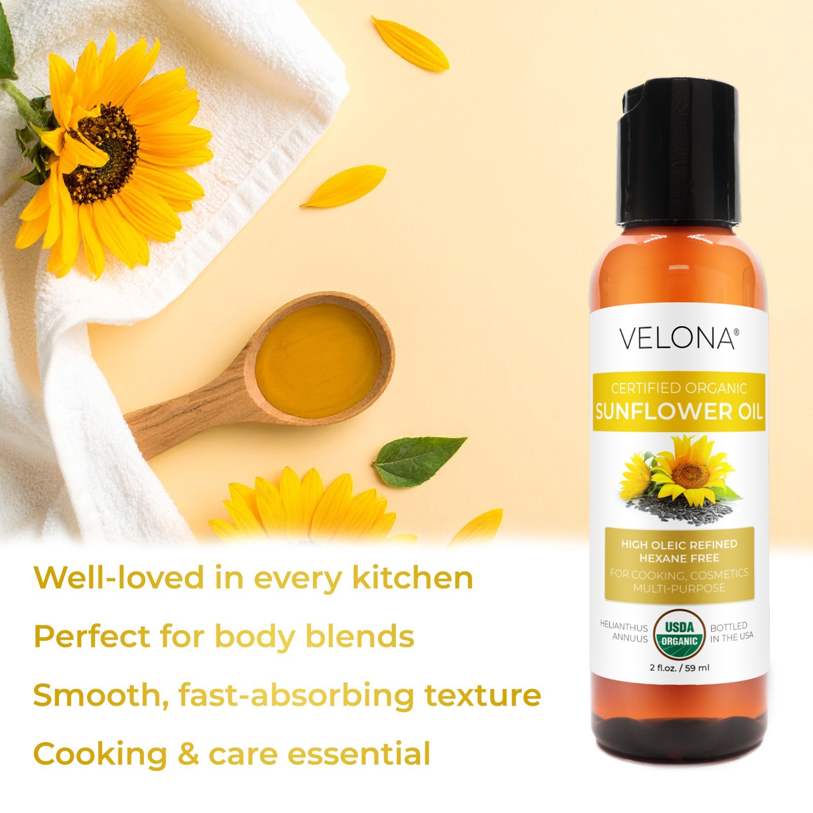Velona USDA Certified Organic Sunflower Oil – 2 oz 100% Pure High Oleic Refined