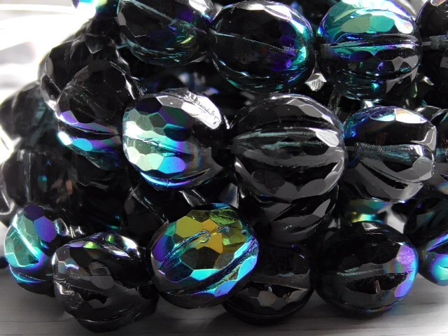 6 – 10mm CZECH GLASS OPAQUE JET BLACK AB FACETED MELON BEADS PUMPKIN FLUTED