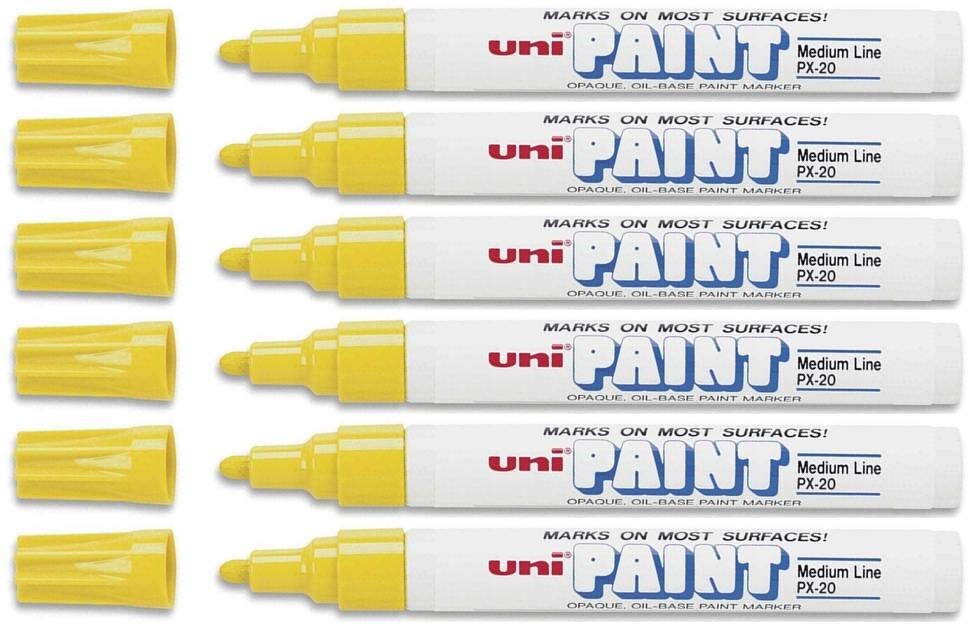 Uni-Paint 63605 PX-20 Oil-Based Permanent Marker, Medium Line, Yellow, 6-Pack