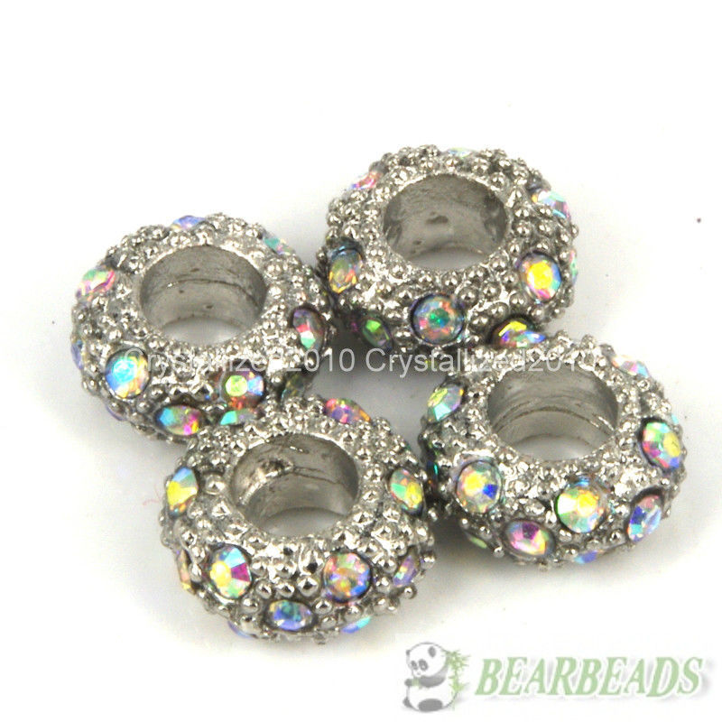 Big Hole Crystal Rhinestone Pave Pewter Rondelle Spacer Beads Fit European Charm