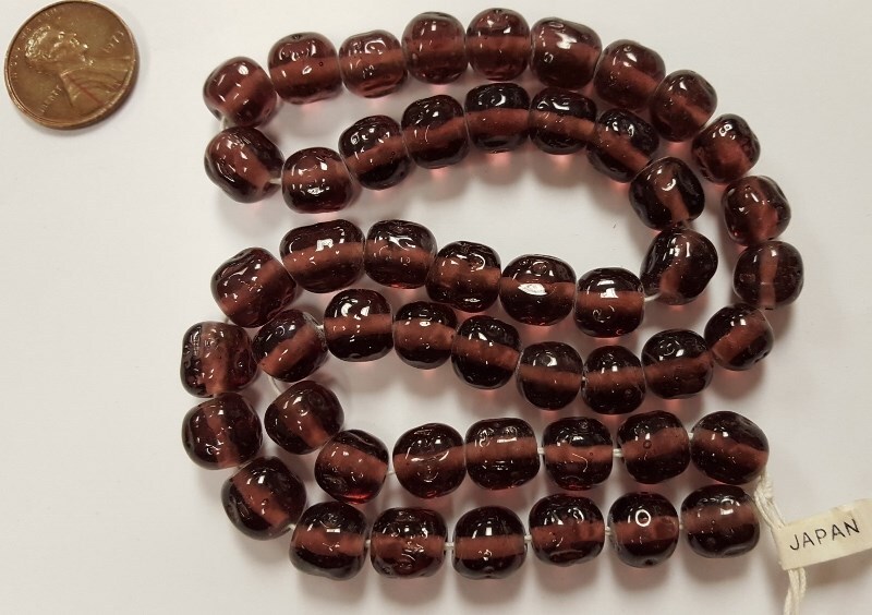 50 VINTAGE JAPANESE CHERRY BRAND GLASS AMETHYST 10mm. BAROQUE ROUND BEADS 4676T