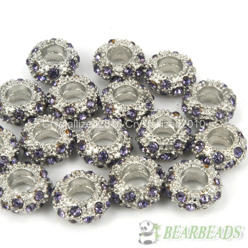 Big Hole Crystal Rhinestone Pave Pewter Rondelle Spacer Beads Fit European Charm