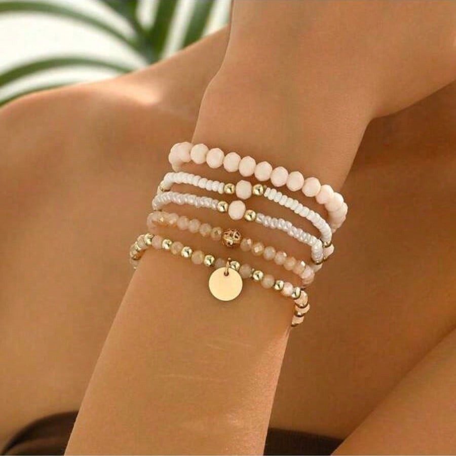 5pcs Bohemian Elegant Woven Elastic Glass Beaded Bracelets Set For Women