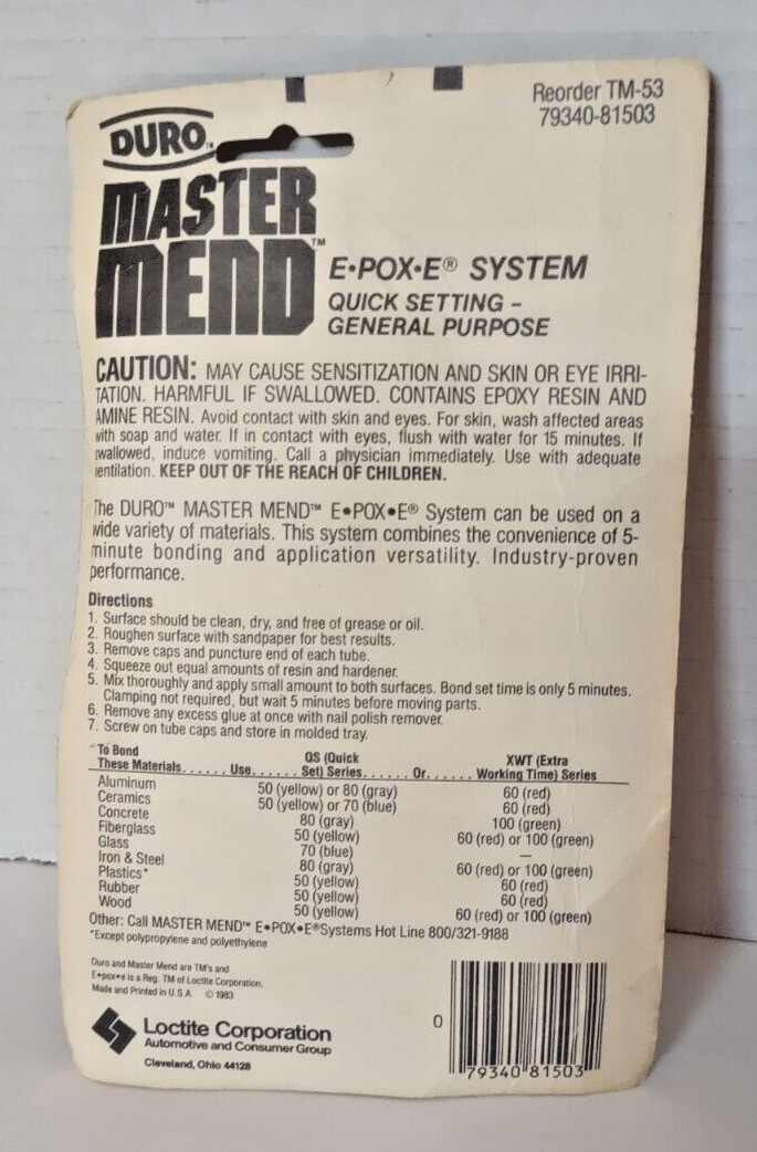 Vtg Duro Master Mend Epoxy Glue Resin Hardener Sealed Package 1983 E-POX-E